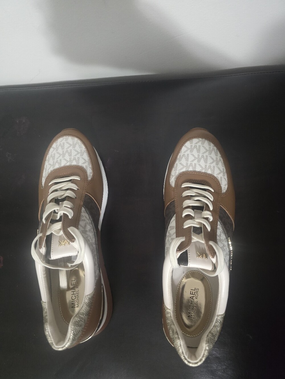 Michael Kors  Brown and White Logo- Trainee Leather Sneakers. Lace-up  Size 9M